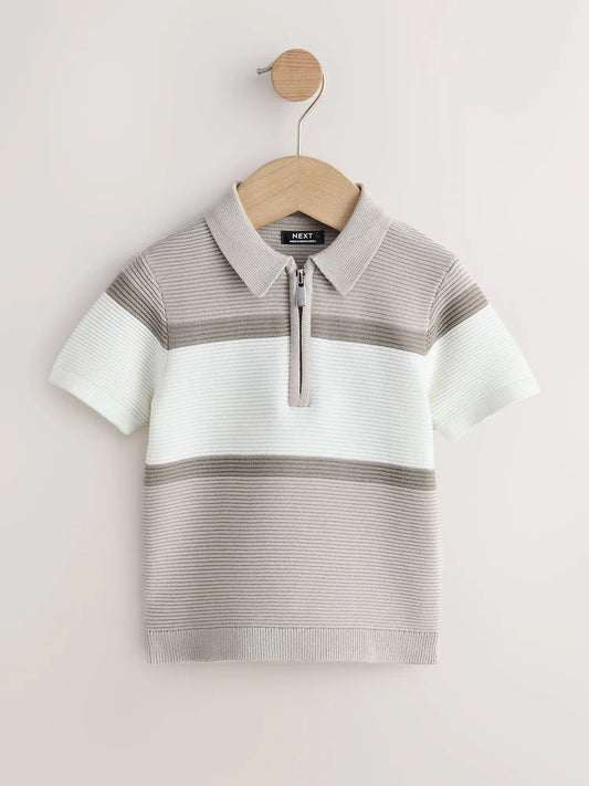 |Boy| Camisa Polo De Malha Com Zíper No Pescoço Em Blocos De Cores Neutras (3 meses a 7 anos)