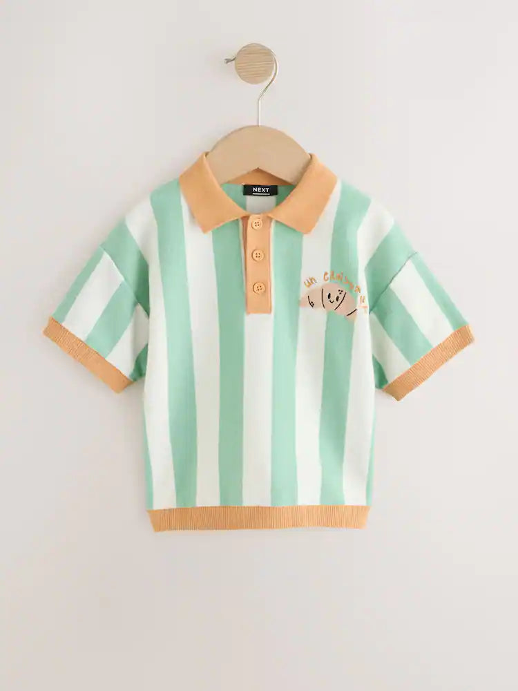 |Boy| Camisa Polo De Malha Com Botões e Estampa De Croissant Nas Cores verde e Laranja (3 meses a 7 anos)