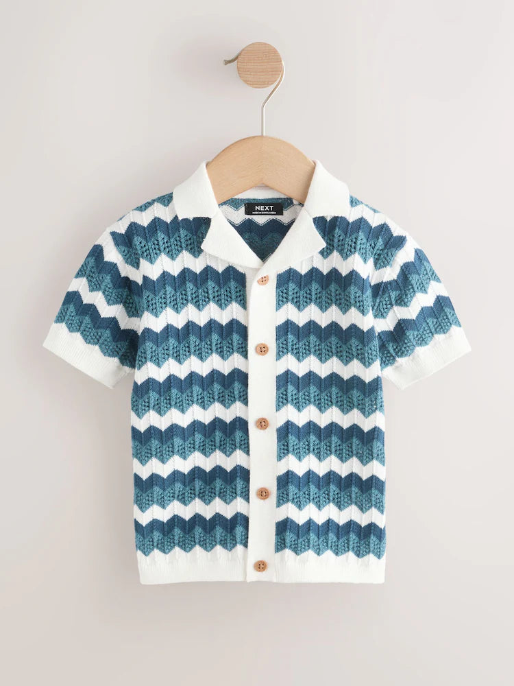 |Boy| Camisa Polo Azul/Branca Com Gola Redonda Em Zigue-Zague (3 meses a 7 anos)