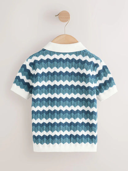 |Boy| Camisa Polo Azul/Branca Com Gola Redonda Em Zigue-Zague (3 meses a 7 anos)