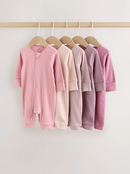 |BabyGirl| Conjunto De 5 Macacões De Dormir Sem Pés Para Bebês, Rosa, Com Zíper Duplo (0 meses a 3 anos)