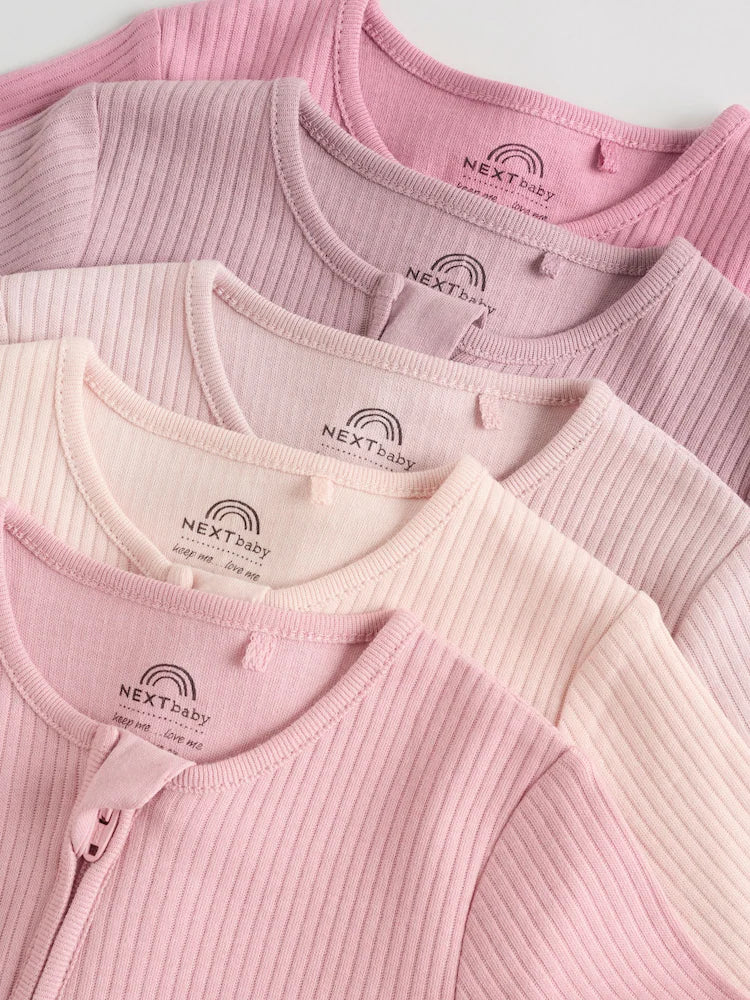 |BabyGirl| Conjunto De 5 Macacões De Dormir Sem Pés Para Bebês, Rosa, Com Zíper Duplo (0 meses a 3 anos)