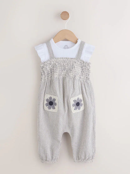 |BabyGirl| Conjunto De Jardineira e Body Listrados Em Preto e Branco Para Bebê (2 peças, de 0 meses a 2 anos)