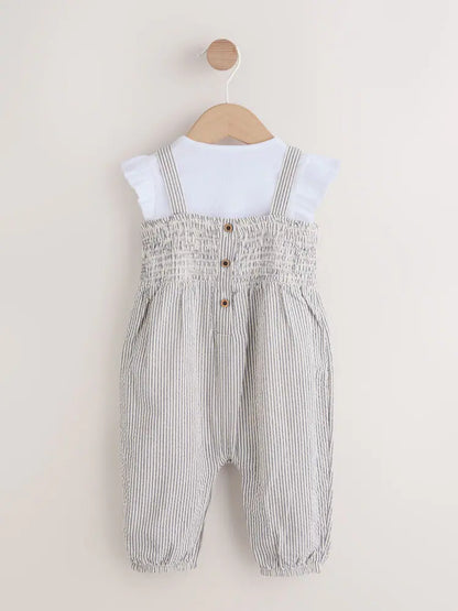 |BabyGirl| Conjunto De Jardineira e Body Listrados Em Preto e Branco Para Bebê (2 peças, de 0 meses a 2 anos)