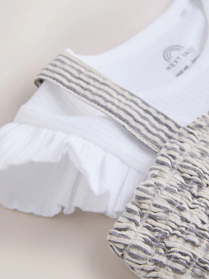 |BabyGirl| Conjunto De Jardineira e Body Listrados Em Preto e Branco Para Bebê (2 peças, de 0 meses a 2 anos)