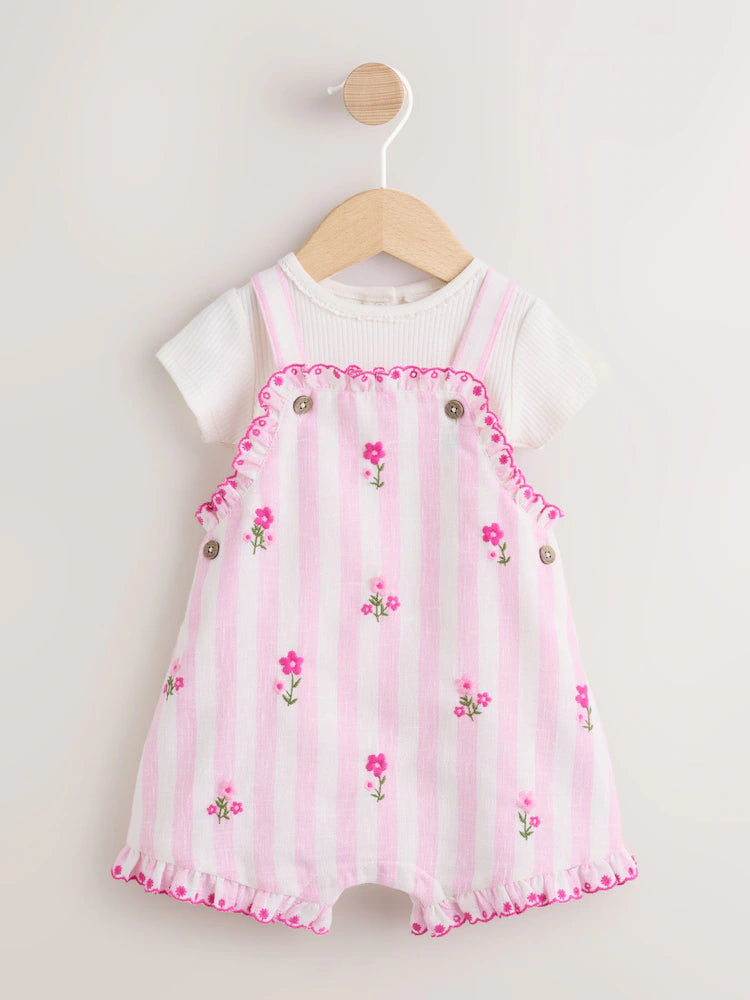 |BabyGirl| Conjunto De Jardineira e Body Listrado Rosa Para Bebê (2 peças, 0 meses a 2 anos)