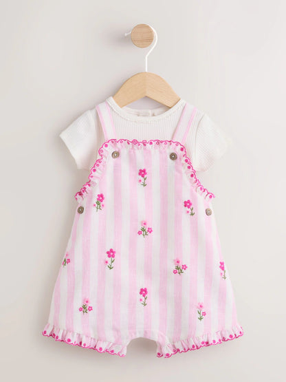 |BabyGirl| Conjunto De Jardineira e Body Listrado Rosa Para Bebê (2 peças, 0 meses a 2 anos)