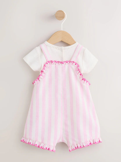 |BabyGirl| Conjunto De Jardineira e Body Listrado Rosa Para Bebê (2 peças, 0 meses a 2 anos)