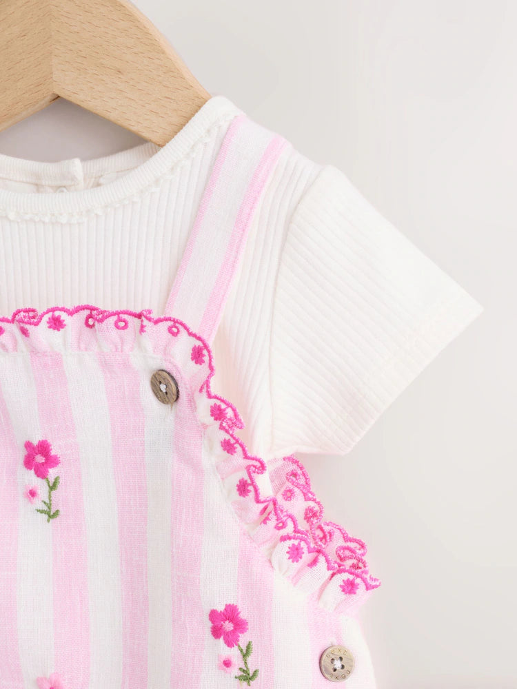 |BabyGirl| Conjunto De Jardineira e Body Listrado Rosa Para Bebê (2 peças, 0 meses a 2 anos)