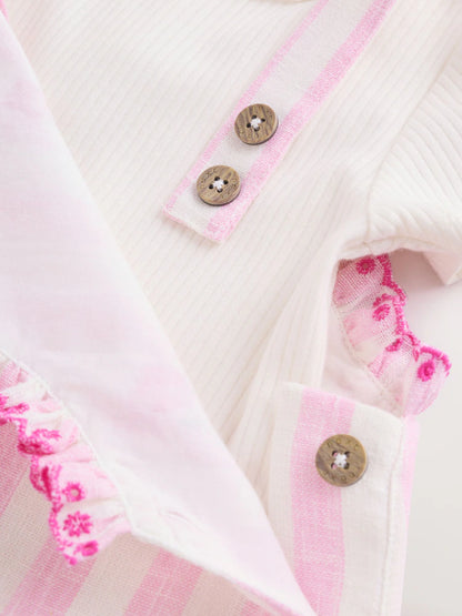 |BabyGirl| Conjunto De Jardineira e Body Listrado Rosa Para Bebê (2 peças, 0 meses a 2 anos)