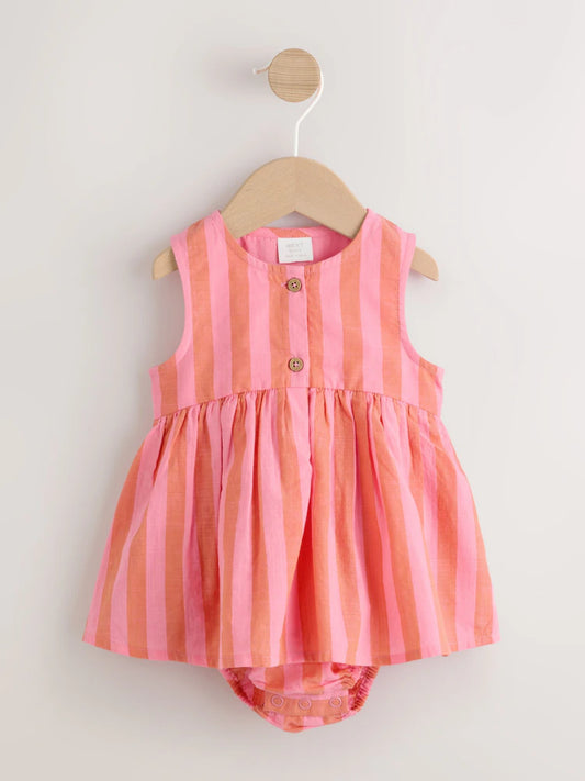 |BabyGirl| Vestido Infantil De Tecido Listrado Rosa Com Body Integrado (0 meses a 2 anos)