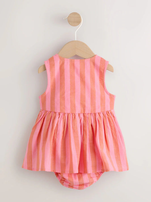 |BabyGirl| Vestido Infantil De Tecido Listrado Rosa Com Body Integrado (0 meses a 2 anos)