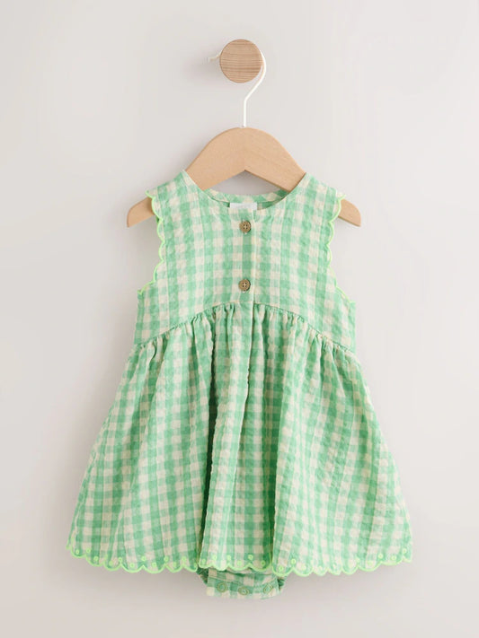 |BabyGirl| Vestido Infantil Verde Xadrez Com Body Integrado (0 meses a 2 anos)