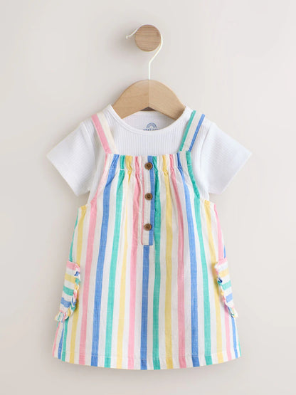 |BabyGirl| Conjunto De 2 Peças Para Bebê: Avental Listrado Multicolorido e Body De Manga Curta (0 meses a 2 anos)
