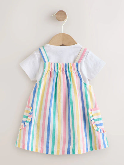 |BabyGirl| Conjunto De 2 Peças Para Bebê: Avental Listrado Multicolorido e Body De Manga Curta (0 meses a 2 anos)