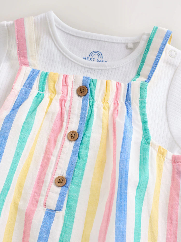 |BabyGirl| Conjunto De 2 Peças Para Bebê: Avental Listrado Multicolorido e Body De Manga Curta (0 meses a 2 anos)