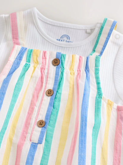 |BabyGirl| Conjunto De 2 Peças Para Bebê: Avental Listrado Multicolorido e Body De Manga Curta (0 meses a 2 anos)