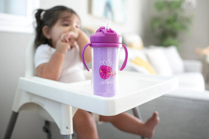 Dr. Brown's Copo térmico com canudo e alças para bebês a partir de 12 meses, estampa de morangos rosa, 300ml