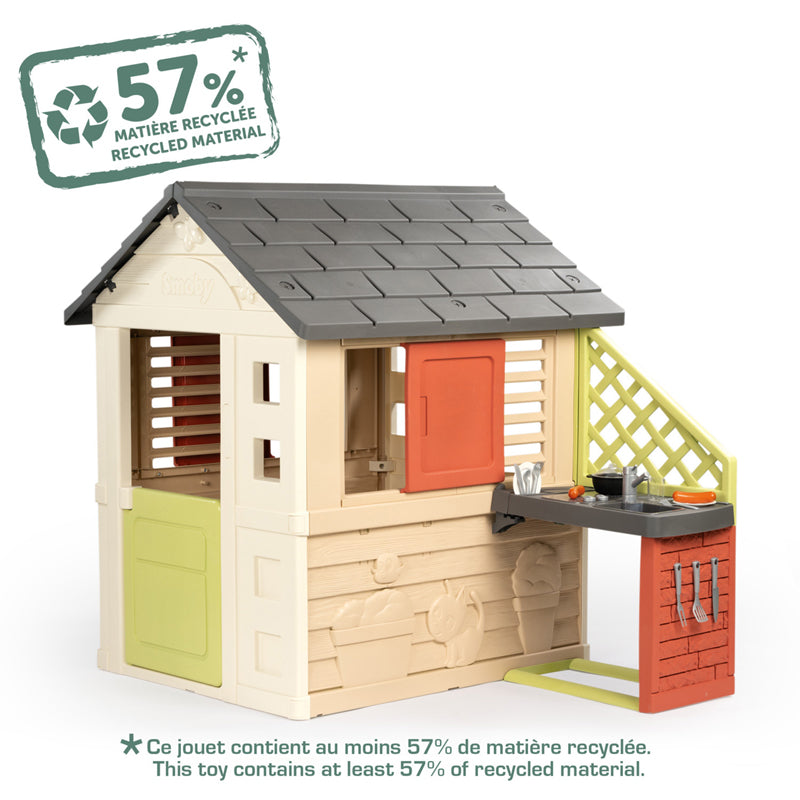 Smoby Life Nature Playhouse with Outdoor Kitchen, Grill, Accessories, 2 Windows & Shutters for Kids