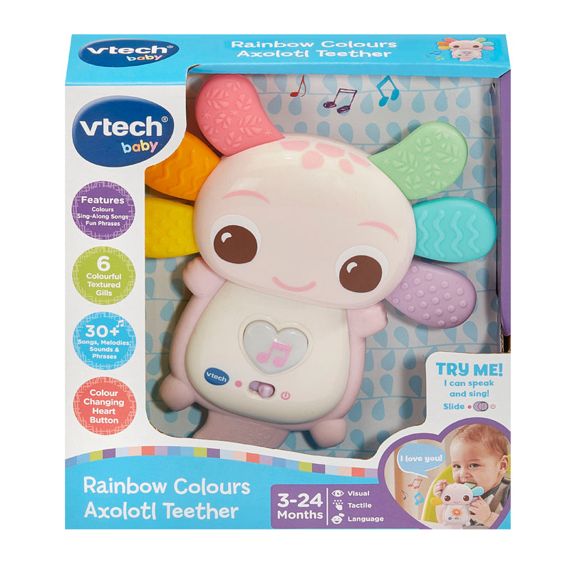 VTech Mordedor musical para axolote Rainbow Colours com guelras de silicone rosa.