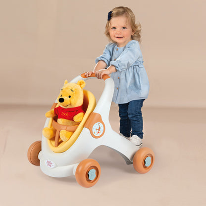 Winnie The Pooh Andador 3 em 1 the Pooh com Pelúcia, Carrinho de Boneca e Assento Removível, Assento Giratório Ajustável, Sistema de Freio nas Rodas, Auxílio para Caminhada, 12+ Meses