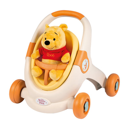 Winnie The Pooh Andador 3 em 1 the Pooh com Pelúcia, Carrinho de Boneca e Assento Removível, Assento Giratório Ajustável, Sistema de Freio nas Rodas, Auxílio para Caminhada, 12+ Meses
