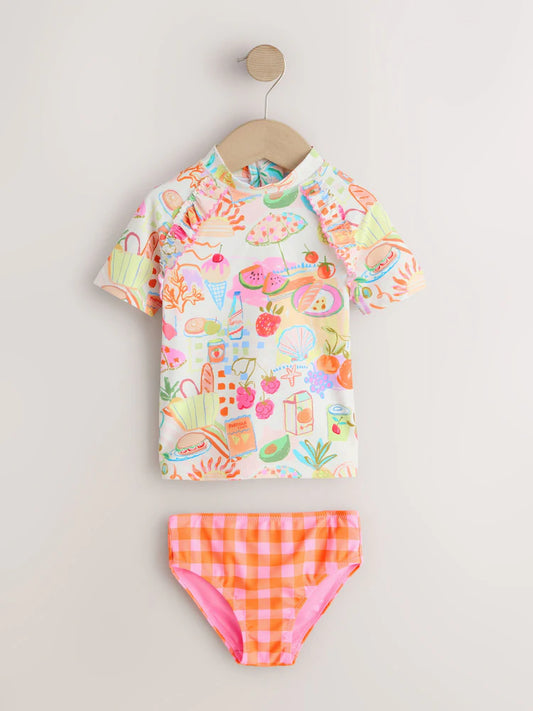 |Girl| Conjunto De Manga Curta Com Babados e Estampa De Piquenique Laranja (3 meses a 10 anos)