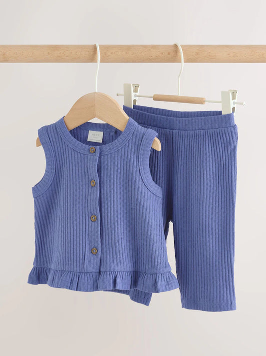 |BabyGirl| Conjunto De 2 Peças Para Bebê: Blusa Canelada Azul e Calça Pantalona (0 meses a 2 anos)