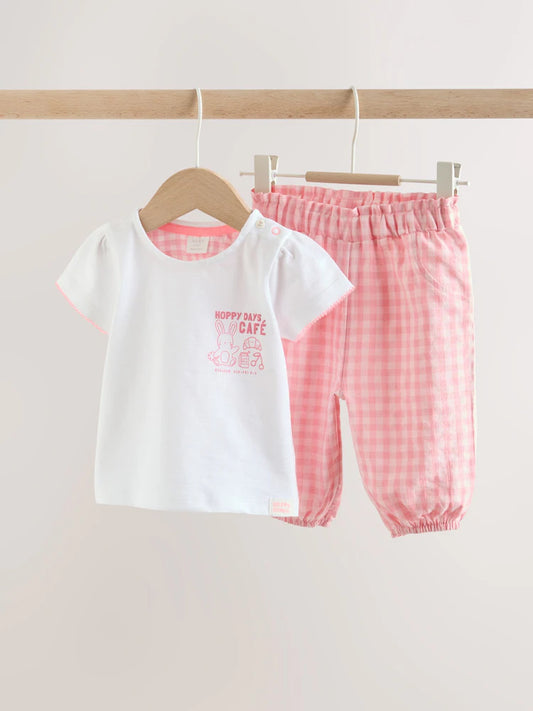 |BabyGirl| Conjunto De 2 Peças Para Bebê Com Estampa De Coelhinho Rosa e Branco: Blusa De Manga Curta e Calça Legging Pantalona (0 meses a 2 anos)