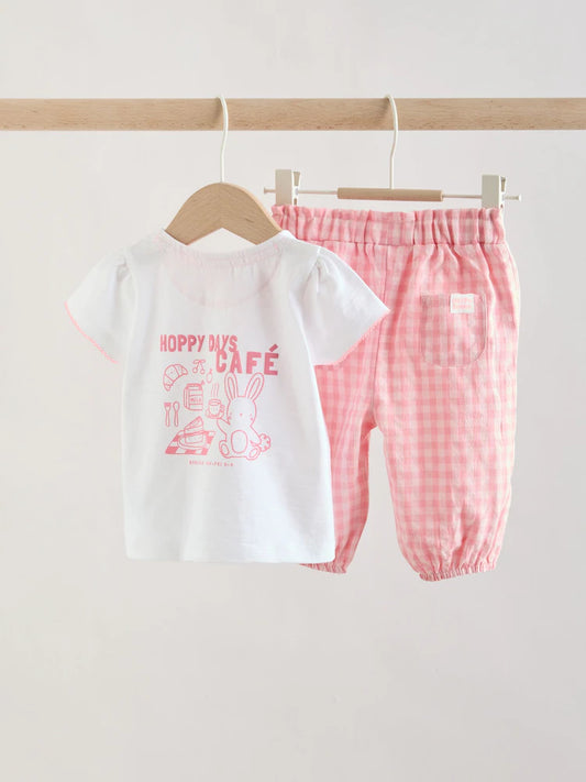 |BabyGirl| Conjunto De 2 Peças Para Bebê Com Estampa De Coelhinho Rosa e Branco: Blusa De Manga Curta e Calça Legging Pantalona (0 meses a 2 anos)