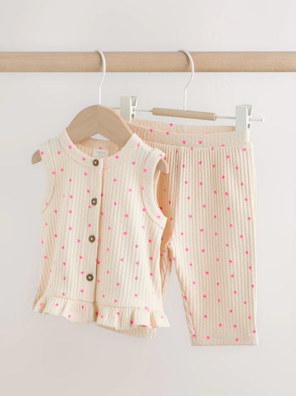 |BabyGirl| Conjunto De 2 Peças Para Bebê Com Blusa Canelada Rosa Com Estampa Floral e Calça pantalona (0 meses a 2 anos)