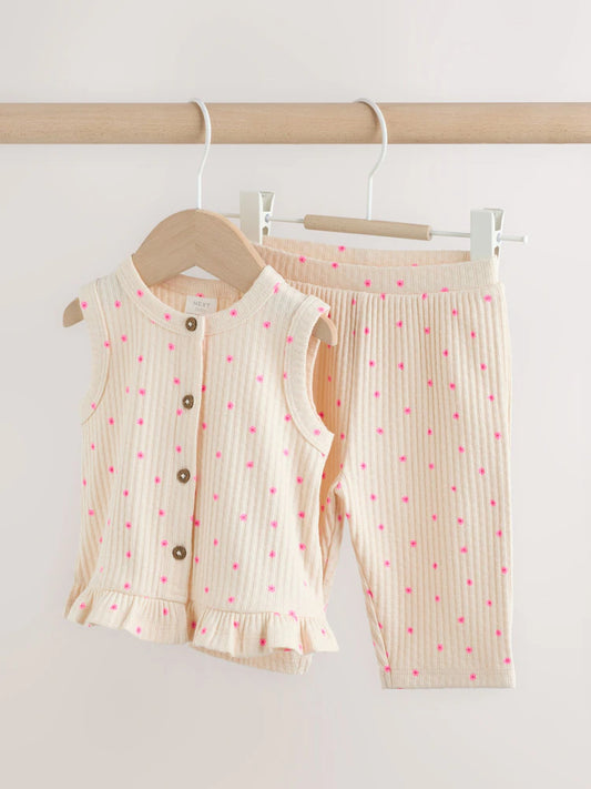 |BabyGirl| Conjunto De 2 Peças Para Bebê Com Blusa Canelada Rosa Com Estampa Floral e Calça pantalona (0 meses a 2 anos)