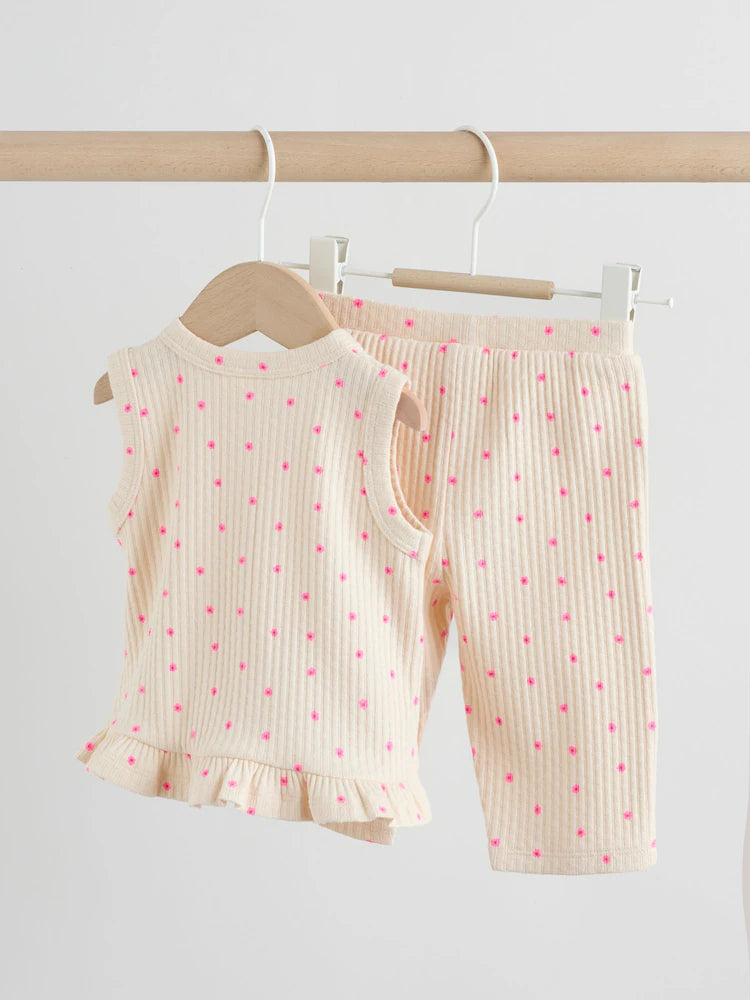 |BabyGirl| Conjunto De 2 Peças Para Bebê Com Blusa Canelada Rosa Com Estampa Floral e Calça pantalona (0 meses a 2 anos)