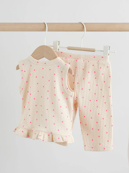 |BabyGirl| Conjunto De 2 Peças Para Bebê Com Blusa Canelada Rosa Com Estampa Floral e Calça pantalona (0 meses a 2 anos)