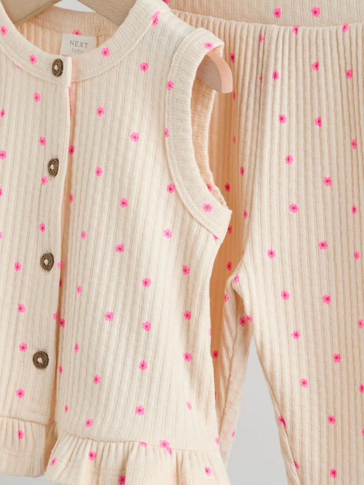 |BabyGirl| Conjunto De 2 Peças Para Bebê Com Blusa Canelada Rosa Com Estampa Floral e Calça pantalona (0 meses a 2 anos)