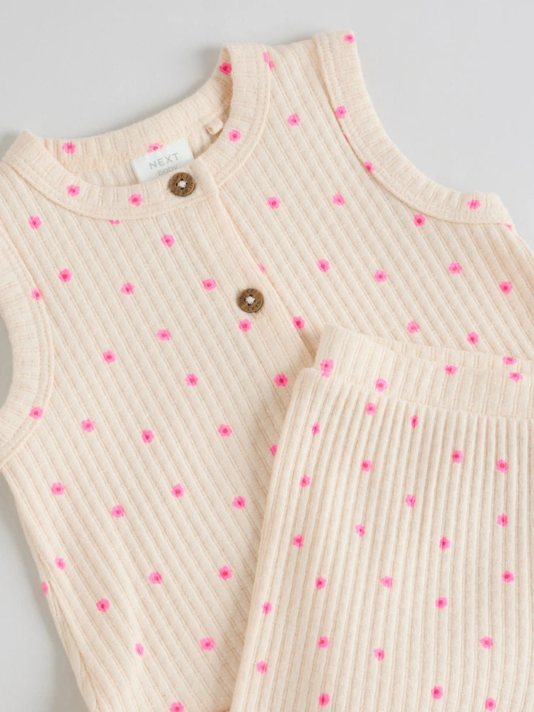 |BabyGirl| Conjunto De 2 Peças Para Bebê Com Blusa Canelada Rosa Com Estampa Floral e Calça pantalona (0 meses a 2 anos)