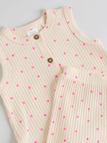 |BabyGirl| Conjunto De 2 Peças Para Bebê Com Blusa Canelada Rosa Com Estampa Floral e Calça pantalona (0 meses a 2 anos)