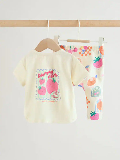 |BabyGirl| Conjunto De 2 Peças Para Bebê, Composto Por Blusa De Manga Curta e Calça Legging na cor branca com estampa de frutas vermelhas (0 meses a 2 anos)
