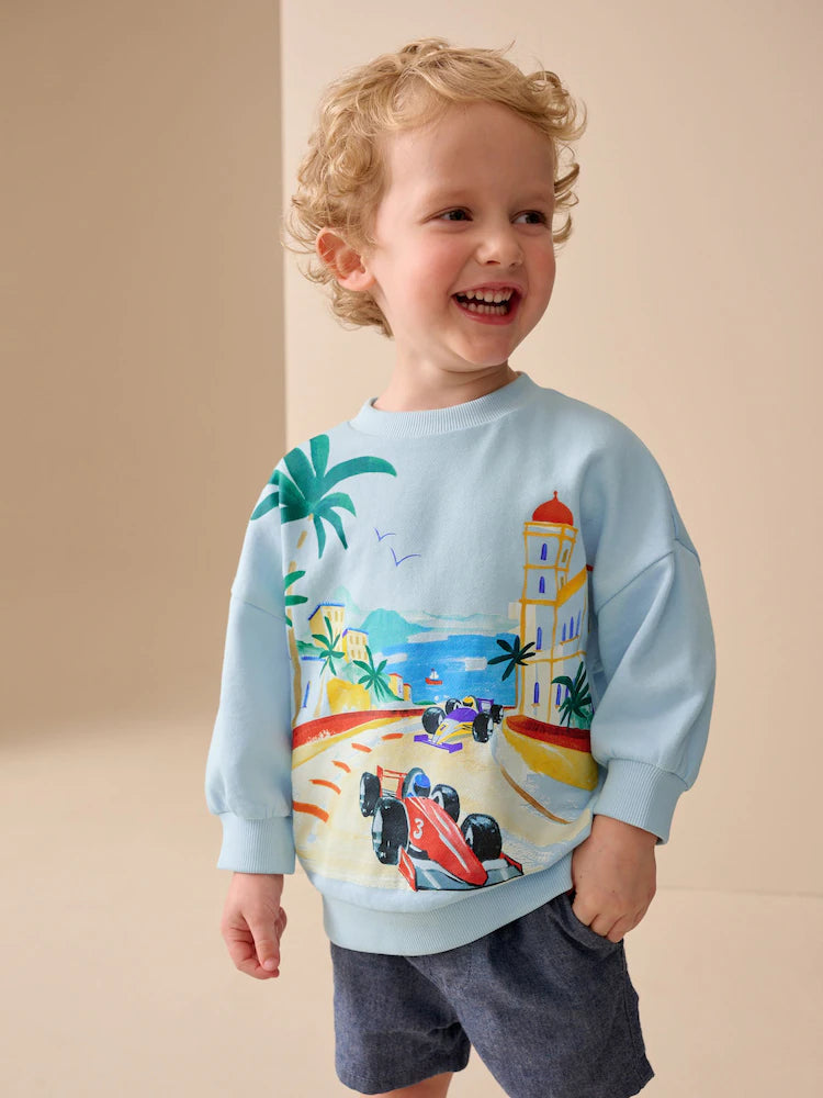 |Boy| Moletom De Gola Redonda Com Estampa De Carro Azul Por Toda a Peça (3 meses a 7 anos)
