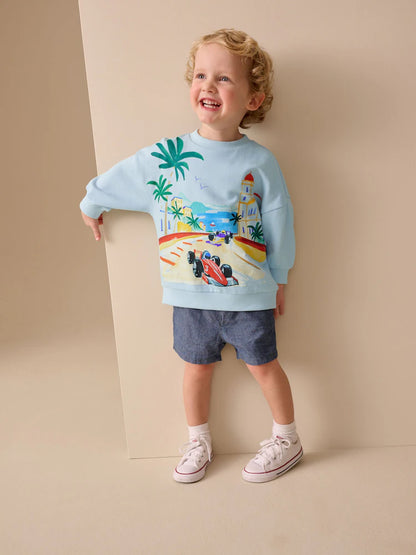 |Boy| Moletom De Gola Redonda Com Estampa De Carro Azul Por Toda a Peça (3 meses a 7 anos)