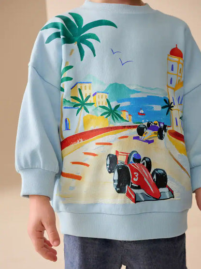 |Boy| Moletom De Gola Redonda Com Estampa De Carro Azul Por Toda a Peça (3 meses a 7 anos)