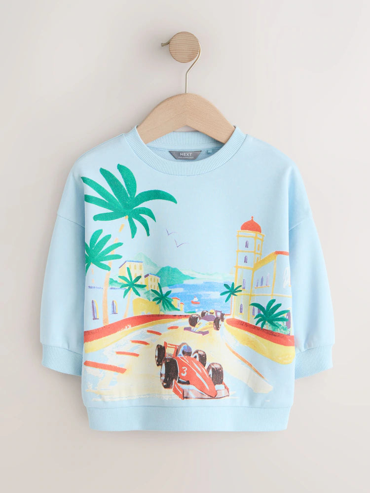 |Boy| Moletom De Gola Redonda Com Estampa De Carro Azul Por Toda a Peça (3 meses a 7 anos)