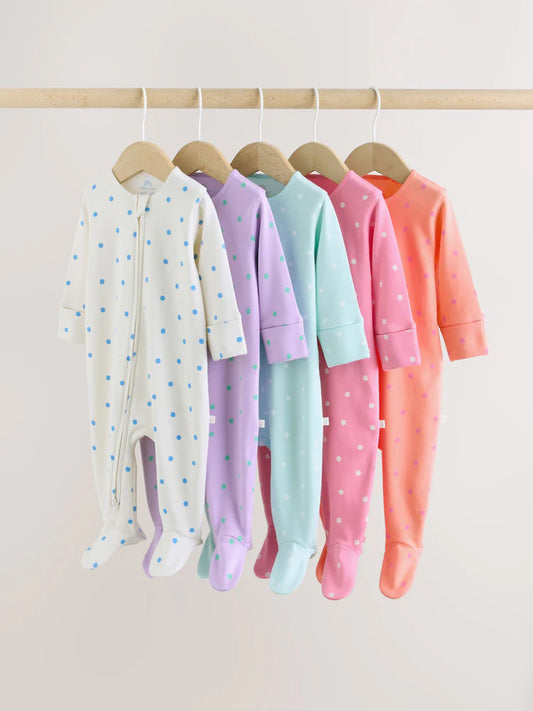 |BabyGirl| Conjunto De 5 Macacões De Dormir Para Bebês Com Zíper Duplo Nas Cores Roxo e Laranja (0-2 anos)