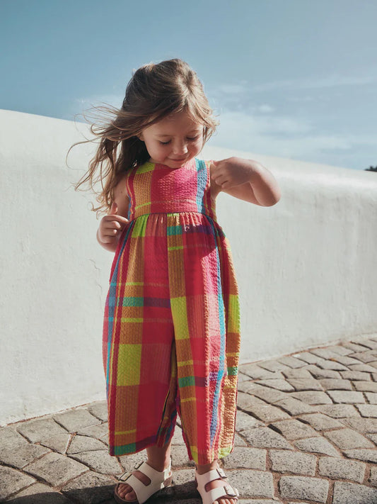 |Girl| Macacão Curto Xadrez Laranja/Rosa Sem Mangas (3 meses a 7 anos)