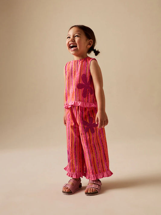 |Girl| Conjunto De Blusa e Calça Listrada Rosa/Laranja Com Flores De Crochê (3 meses a 7 anos)