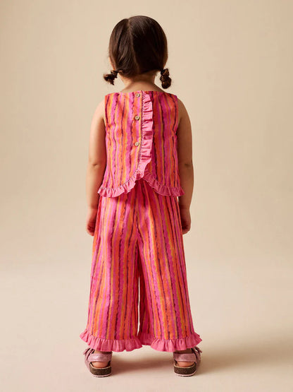|Girl| Conjunto De Blusa e Calça Listrada Rosa/Laranja Com Flores De Crochê (3 meses a 7 anos)