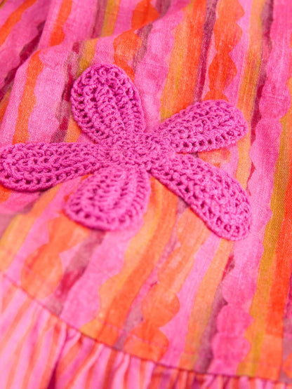 |Girl| Conjunto De Blusa e Calça Listrada Rosa/Laranja Com Flores De Crochê (3 meses a 7 anos)