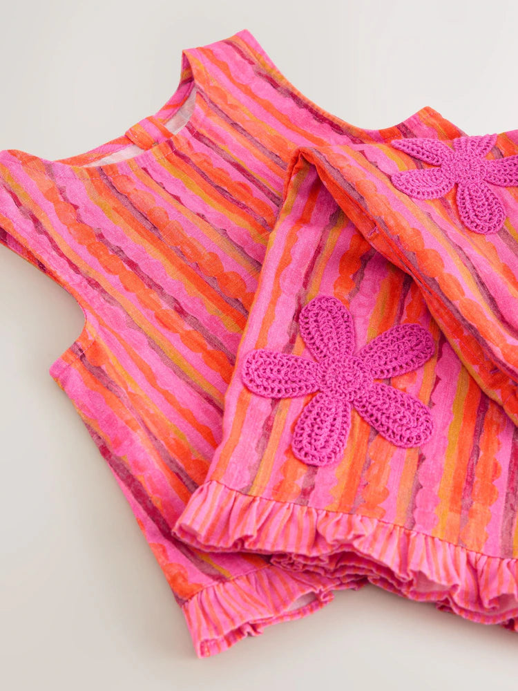 |Girl| Conjunto De Blusa e Calça Listrada Rosa/Laranja Com Flores De Crochê (3 meses a 7 anos)