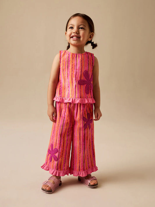 |Girl| Conjunto De Blusa e Calça Listrada Rosa/Laranja Com Flores De Crochê (3 meses a 7 anos)