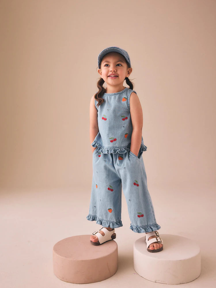 |Girl| Conjunto De Blusa e Calça Jeans Com Bordado De Frutas (3 meses a 7 anos)
